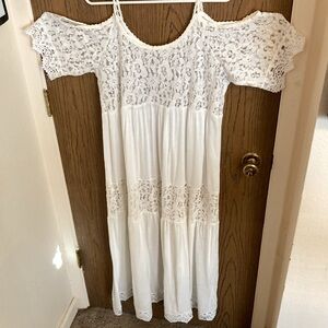 White 100% Rayon and Lace, Off the Shoulder Strap Summer Dress